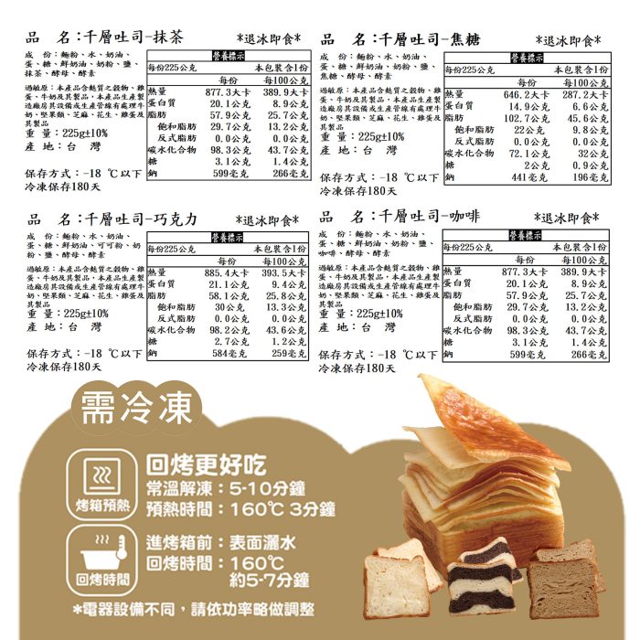 【胖大師】千層吐司-巧克力/焦糖/咖啡/抹茶/原味x5條(225g/條)：圖片 6