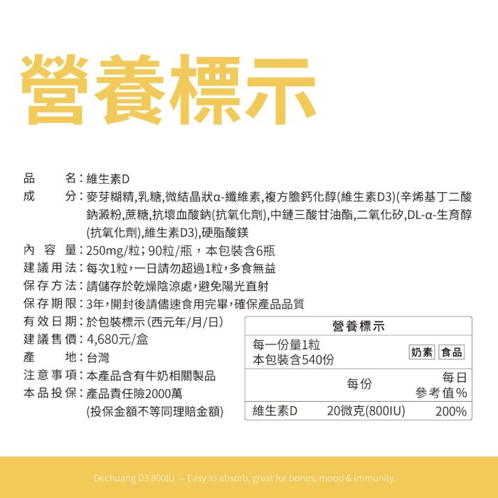 德創生技高單位維他命D3營養標示